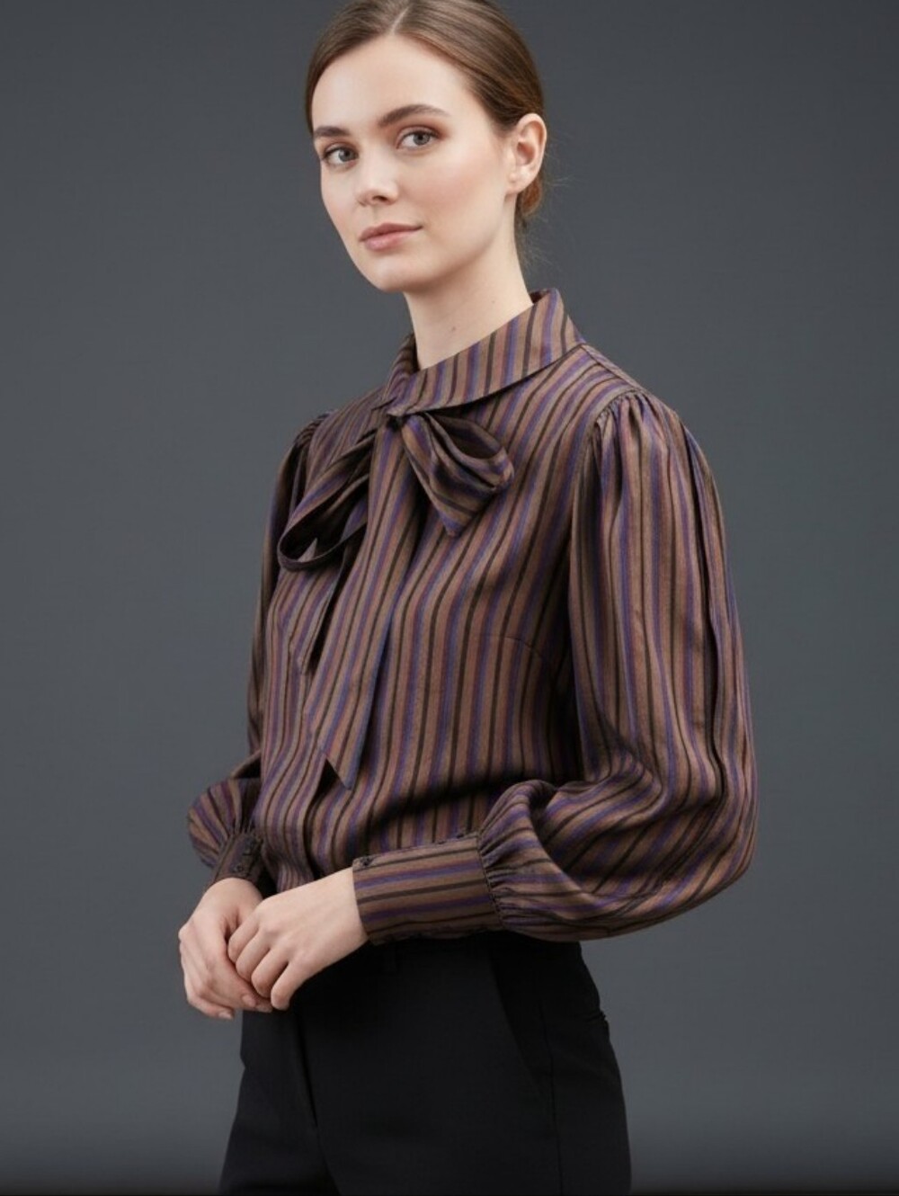Vintage 1980s ESCADA Striped Pure Silk Puff Sleeve Pussybow Blouse Small